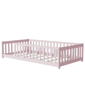 English Elm Twin Solid Rubberwood Floor Bed with Full Perimeter Safety Rails for Toddler Rooms Pink W504P296798