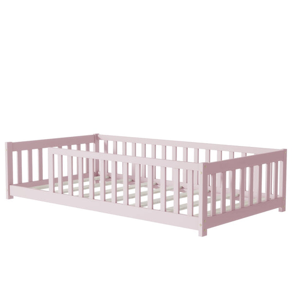 English Elm Twin Solid Rubberwood Floor Bed with Full Perimeter Safety Rails for Toddler Rooms Pink W504P296798
