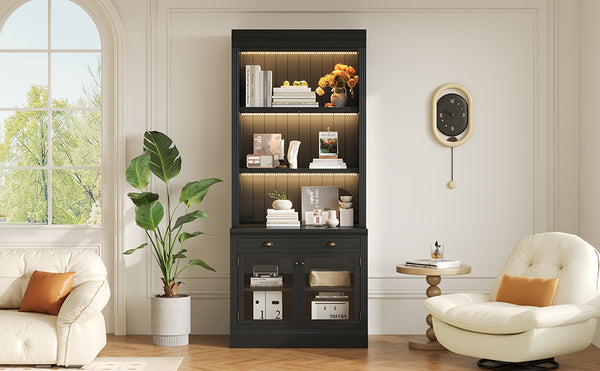 English Elm 83.4"Tall Modern Bookshelf With Led Lighting, Glass Doors & Drawer For Stylish Storage And Display N751S280595B