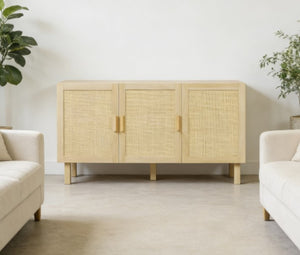 English Elm Buffet Cabinet with Woven Rattan Doors Adjustable Shelving and Raised Legs for Dining T3971P429575