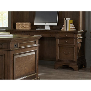 English Elm Stigham Burnish Oak five-drawer credenza desk with warm grain finish, spacious surface, ergonomic storage for organized workspaces B062S00652
