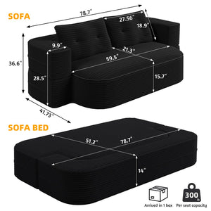 English Elm 78.7" Plush Corduroy Convertible Sleeper Sofa with Tufted Back and Foldable Floor Bed Black W3219P410146