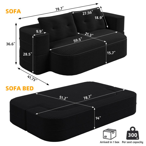 English Elm 78.7" Plush Corduroy Convertible Sleeper Sofa with Tufted Back and Foldable Floor Bed Black W3219P410146
