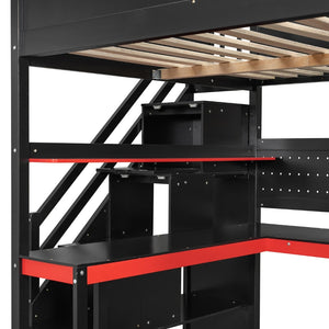 English Elm Full Size Gaming Loft Bed with Led Lighting Desk Shelves and Usb Charging Ports N820S00071J