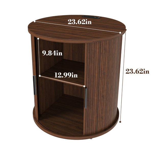 English Elm Mid Century Walnut Round End Table with Charging Station and Sliding Door Storage W2700P385517