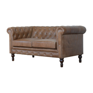 English Elm Solid Buffalo Leather Chesterfield 2-Seater Sofa in Brown Buffalo Hide, Solid Mango Wood Legs, Deep Tufted Classic Appeal B182P279308