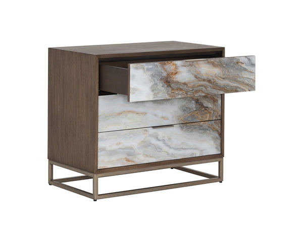 Sunpan Fuentes Nightstand - Luxurious Brown Oak Veneer with Mother of Pearl Design & Brass Steel Base Storage