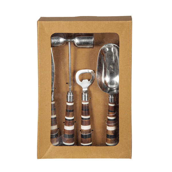 English Elm S/4 Barware Tools Set with Steel & Mango Wood Handles in Open Face Box — Durable, Stylish Cocktail Kit W2078P284543