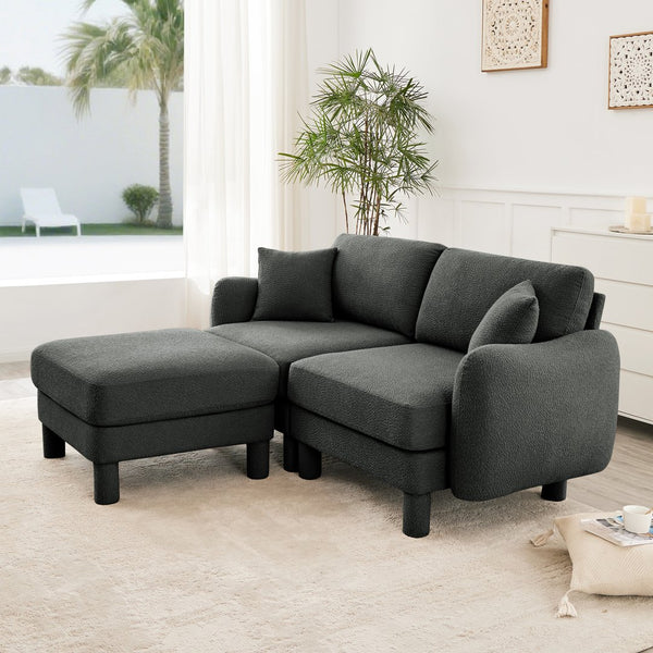 English Elm Boucle Chic 2-Seater Loveseat Sofa With Shell-Shaped Armrests & Removable Ottoman In Dark Gray W3041S00299