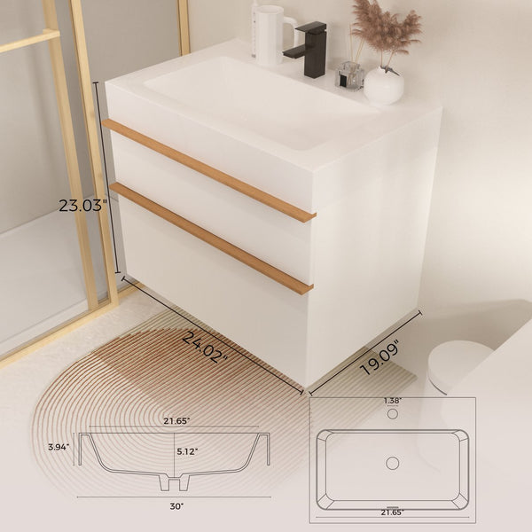 English Elm VELA 24 Inch Wall Mounted Bathroom Vanity with Integrated Acrylic Sink, Dual Wood Handles, Soft-Close drawers and Organizer White W3235P327448