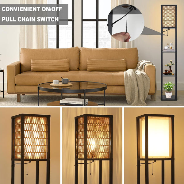 English Elm Floor Lamp with Shelves Brown+Black — Boho Rattan & Fabric Dual Shades, 3 Wooden Shelves, LED Included W2738P400709