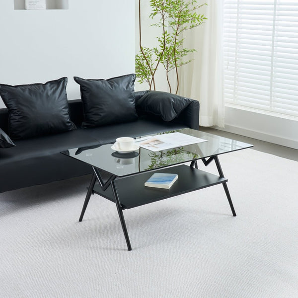 English Elm Rectangle Coffee Table With Elegant Tempered Glass Top & Black Mdf Shelf For Modern Living Room Décor W241142567-GIGA