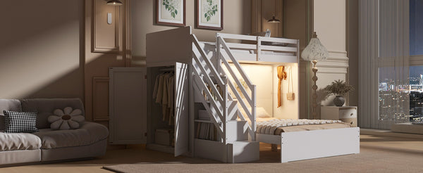 English Elm Twin Over Full Bunk Bed with Wardrobe Storage Stairs Shelves and Usb Charging White LT000292AAK
