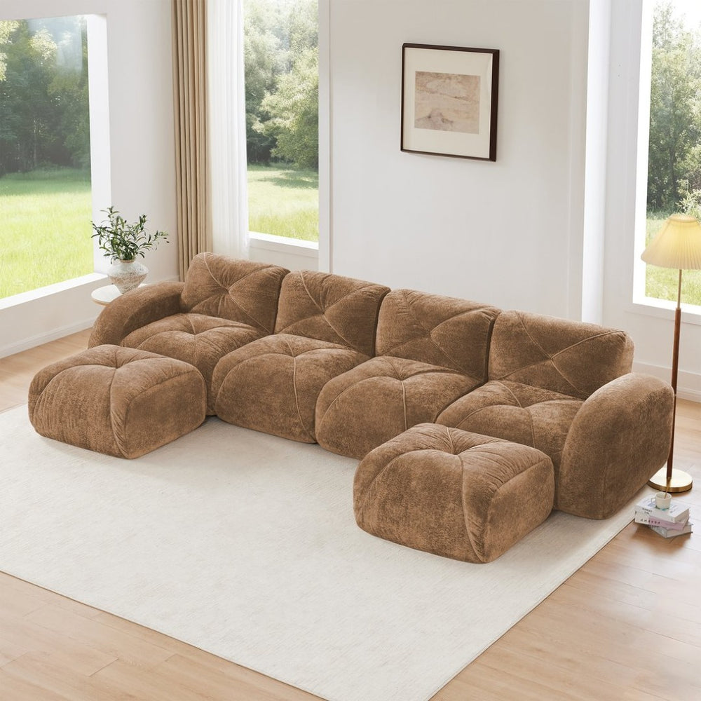 English Elm U-shaped Modular Velvet Sofa Tufted Cushions High Density Foam Living Room Sectional Camel W714S01602