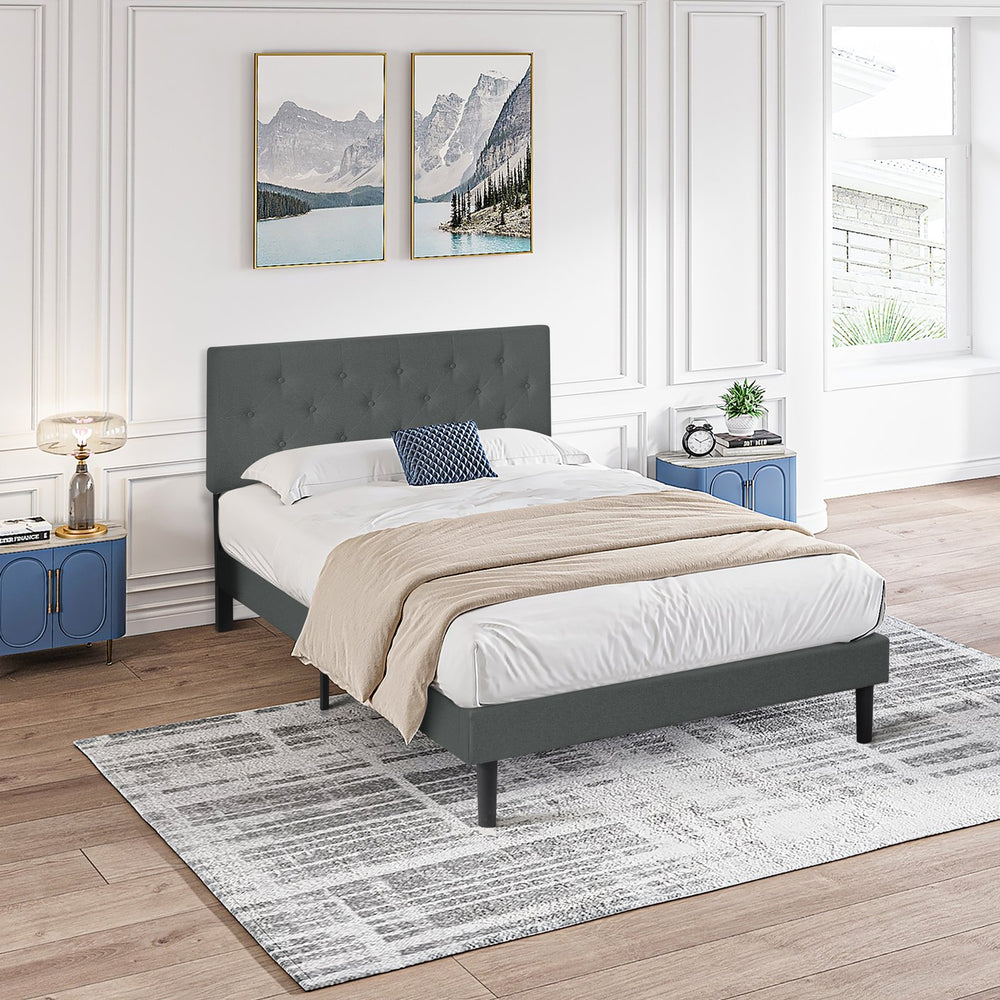English Elm Queen Upholstered Platform Bed Frame with Button Tufted Linen Headboard, Wood Slats, 600lb Limit, Easy Assembly Dark Gray W311P195324