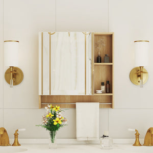 English Elm Bathroom Mirror Cabinet Burly Wood 2-in-1 Wall Mount Storage with HD Mirror, Shelves, Towel Rack W3226P278933