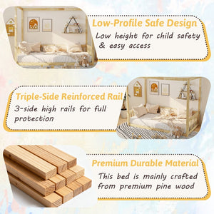 English Elm Twin Canopy Floor Bed Rubberwood Frame with Fence Guardrails for Kids Bedroom Natural W504P351804
