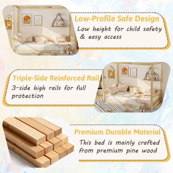 English Elm Twin Canopy Floor Bed Rubberwood Frame with Fence Guardrails for Kids Bedroom Natural W504P351804