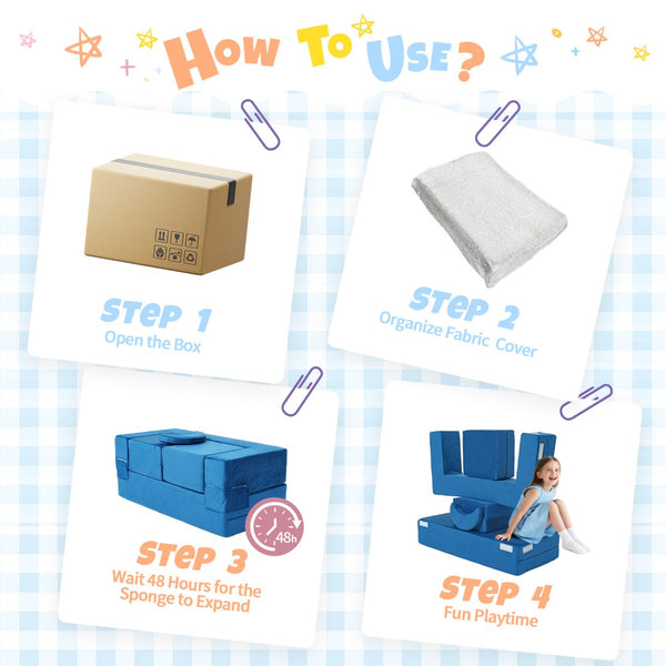 English Elm 5-piece Modular Foam Play Couch Velvet Toddler Sofa Foldable Kids Playroom Set Blue T5880P493435