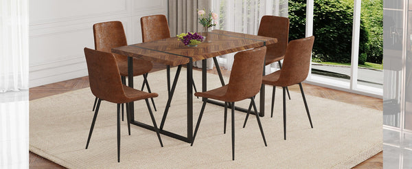 English Elm Table and Chair Set Fishbone Mdf Top with Six Brown Upholstered Seats for Dining W1151S03139