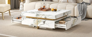 English Elm Modern Square Marble-Textured Coffee Table 43.3" White — Floating Pedestal Design, 4 Hidden Drawers, Durable Chic Storage CH350384AAK