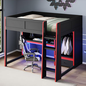 English Elm Wood Full Size Gaming Loft Bed With Desk, Wardrobe, Led Lighting, And Storage Drawer, Black Finish N7090004011B-GIGA