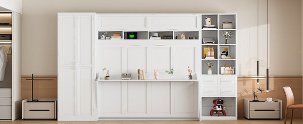 English Elm Queen Murphy Wall Bed Cabinet System with Wardrobe Drawers and Shelving in White Mdf LP000384AAK-1
