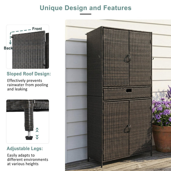 English Elm K&k Tall Arched Pe Rattan Outdoor Storage Cabinet with Adjustable Shelves and Steel Frame Brown+Black N707P420102D