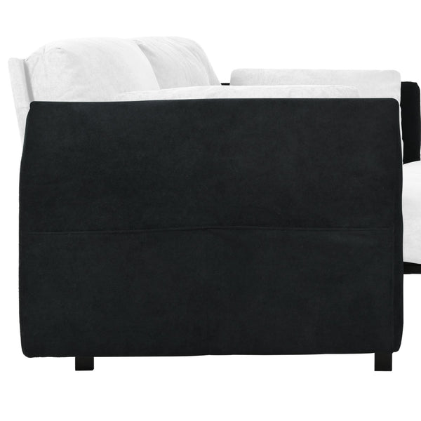 English Elm Convertible Pull Out Sofa Bed Queen Size with Steel Frame, Dual Armrests, Chenille Sleeper Couch with Storage and Casters White+Black W3163P269663