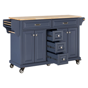 English Elm Kitchen Island durable rubberwood countertop kitchen cart on casters with towel rack, spice shelf, 5 drawers and adjustable shelving for organized meal prep and mobility Blue W914S00005