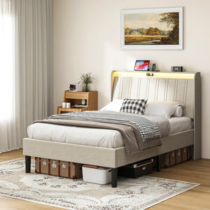 English Elm Twin Size Platform Bed with Beige Fabric Headboard, 800lb Metal/Wood Frame, USB Ports & Outlets W2889P272594