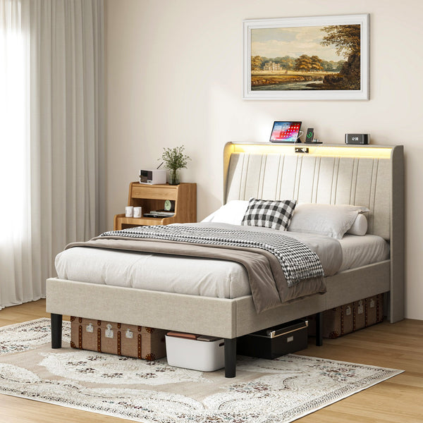 English Elm Twin Size Platform Bed with Beige Fabric Headboard, 800lb Metal/Wood Frame, USB Ports & Outlets W2889P272594