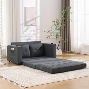 English Elm {VIDEO 3-in-1 Upholstered Futon Sofa Bed Convertible Loveseat with Tufted Back, Cup Holders & Side Pockets Dark Gray W2325P183181