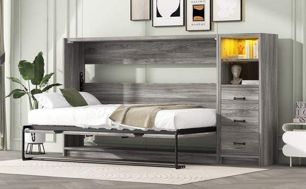 English Elm Twin Murphy Bed with Drawers & LED Light — Space-Saving Gray Cabinet Bed, Solid MDF/Pine, 800lb Capacity N709P002049D