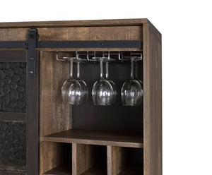 English Elm Treju Rustic Oak & Black Wine Cabinet with Obscure Glass Door, Adjustable Shelves & Stemware Rack B2726P268770