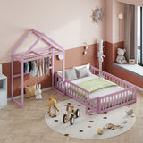 Full Size Wooden Floor Bed with Fence Railings, House Shape Headboard, Dress Up Rack, Montessori Playhouse Frame - Pink