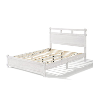 English Elm Queen Farmhouse Platform Bed Antique White Wood Grain Two-tiered Headboard Solid Frame N758P369329W
