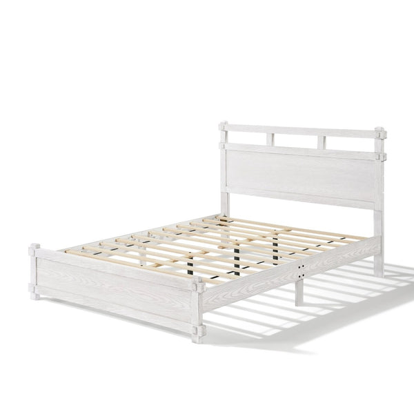 English Elm Queen Farmhouse Platform Bed Antique White Wood Grain Two-tiered Headboard Solid Frame N758P369329W