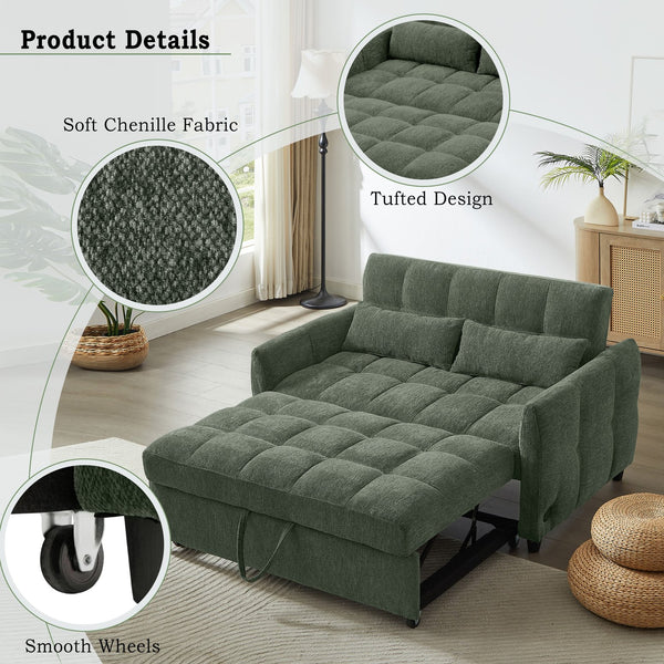 English Elm 52.8" Loveseat Sofa Pull-Out Bed with Adjustable Backrest, Tufted Chenille, 3 USB Ports & Pillows Green N719S001710F