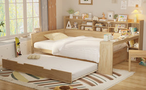 English Elm Wooden Twin Daybed with Trundle Built-in Desk and Open Shelves for Kids Rooms Natural N733S373391M