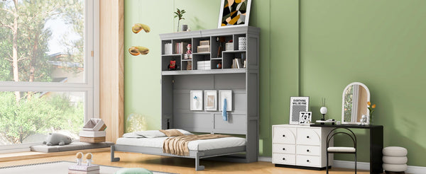 English Elm Queen Murphy Wall Bed Cabinet with Integrated Shelves Usb Charging Space Saving Design Gray LP006668AAE-1