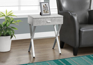 English Elm Accent Elegant Modern Side Table with Glossy Laminate, Chrome Base and Drawer for Living Spaces Grey 22 L x 14 W x 7 H B2710P219243