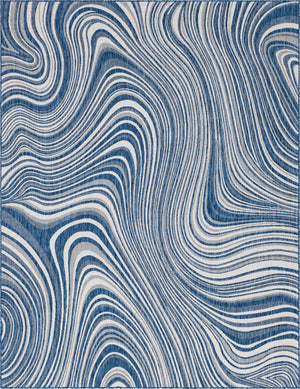 Unique Loom Outdoor Modern Pool Machine Made Abstract Rug Blue, Ivory/Navy Blue 9' 0" x 12' 0"