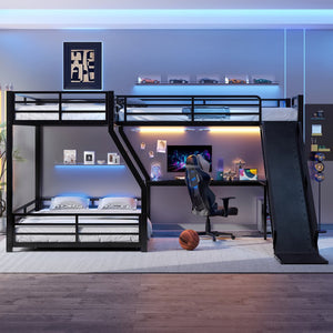 English Elm L-Shaped Triple Bunk Bed With Slide, Usb Ports, And Space-Saving Design For Kids & Teens, Black W1580S00277
