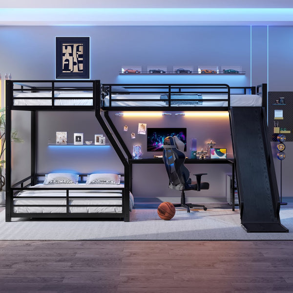 English Elm L-Shaped Triple Bunk Bed With Slide, Usb Ports, And Space-Saving Design For Kids & Teens, Black W1580S00277