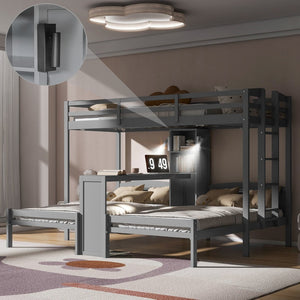 English Elm Twin Triple Bunk Bed with Built in Desk Open Shelving and Led Task Lighting Gray N7090002243E