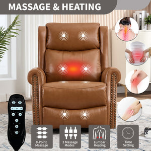 English Elm Heat Massage Swivel Rocker Recliner in Genuine Leather for Living Room Comfort W3224S00013