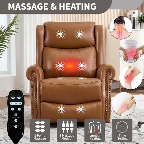 English Elm Heat Massage Swivel Rocker Recliner in Genuine Leather for Living Room Comfort W3224S00013