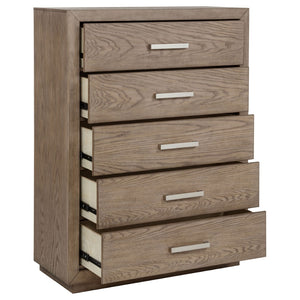 English Elm Gibbons Five Drawer Chest with Chrome Pulls and Mitered Trim for Modern Bedrooms B062P447735