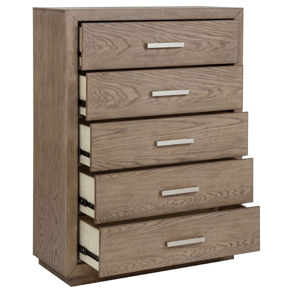 English Elm Gibbons Five Drawer Chest with Chrome Pulls and Mitered Trim for Modern Bedrooms B062P447735